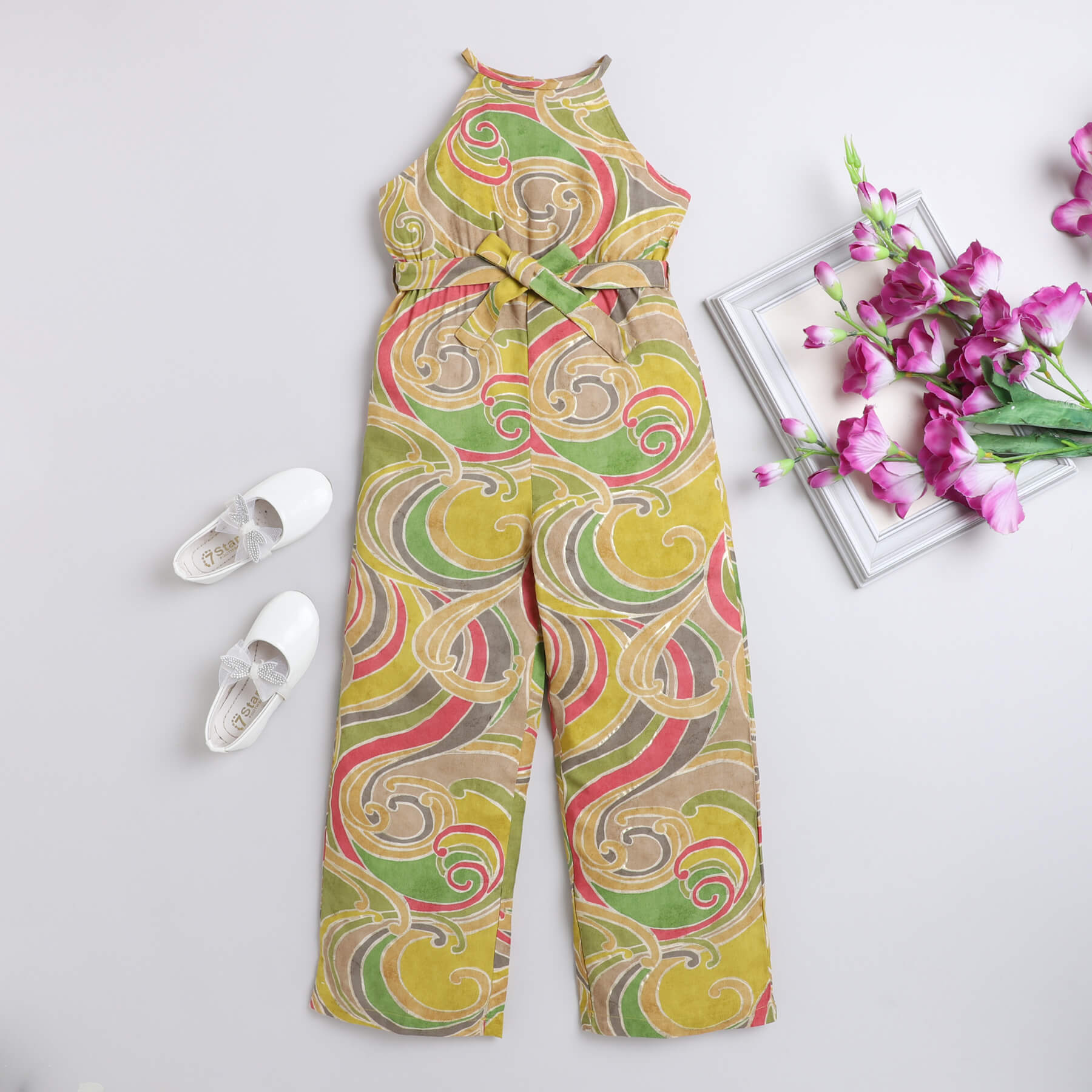 Shop Viscose Foil And Abstract Printed Sleeveless Halter Neck Ethnic Jumpsuit-Multi Online