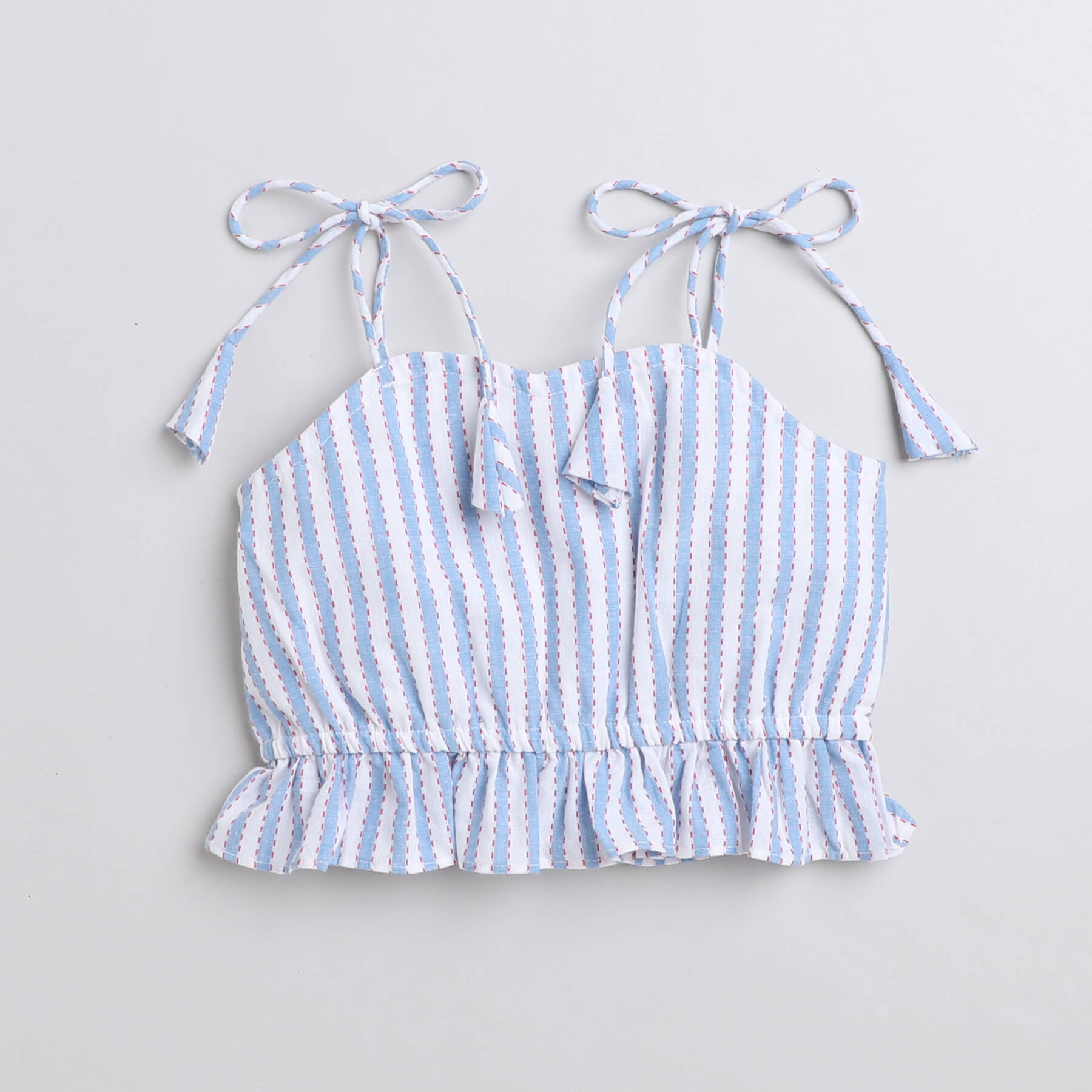 Shop Striped Yarn Dyed Shoulder Tie Up Peplum Crop Top-White/Blue Online