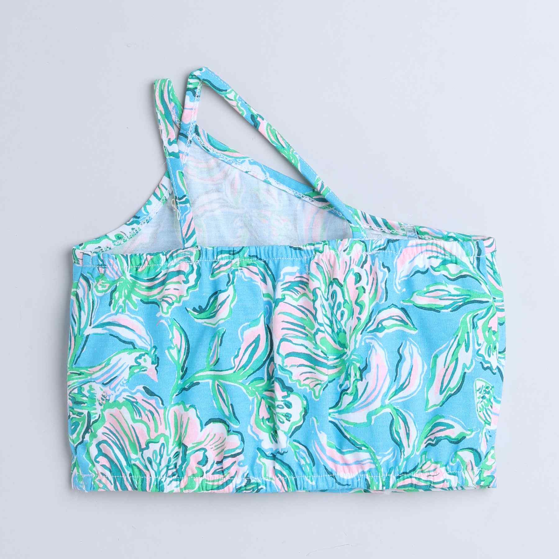 100% cotton neon floral printed Asymmetric neck crop Top-Multi