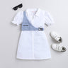 Shop 100% Cotton Solid Puff Sleeves Aline Shirt Dress With Chest Bag-White/Blue Online