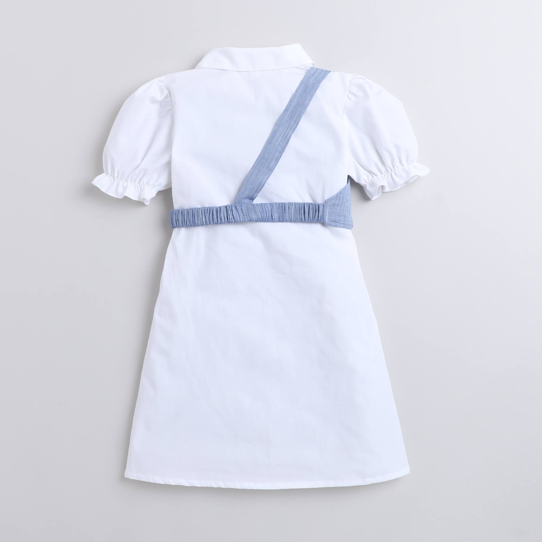 Shop 100% Cotton Solid Puff Sleeves Aline Shirt Dress With Chest Bag-White/Blue Online