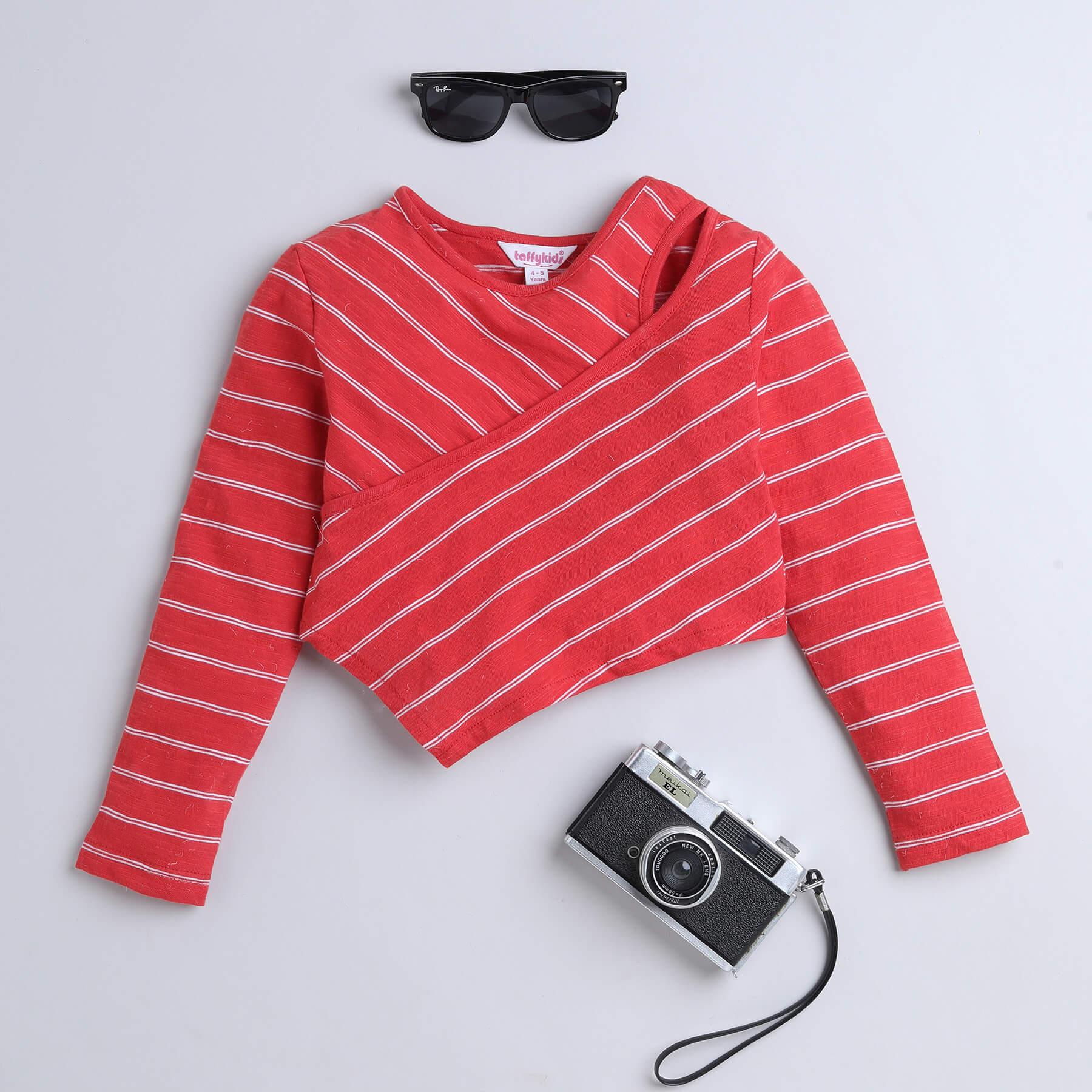 Shop 100% Cotton Striped Yarn Dyed Cut Out Detail Full Sleeves  Asymmetric Crop Top-Red Online