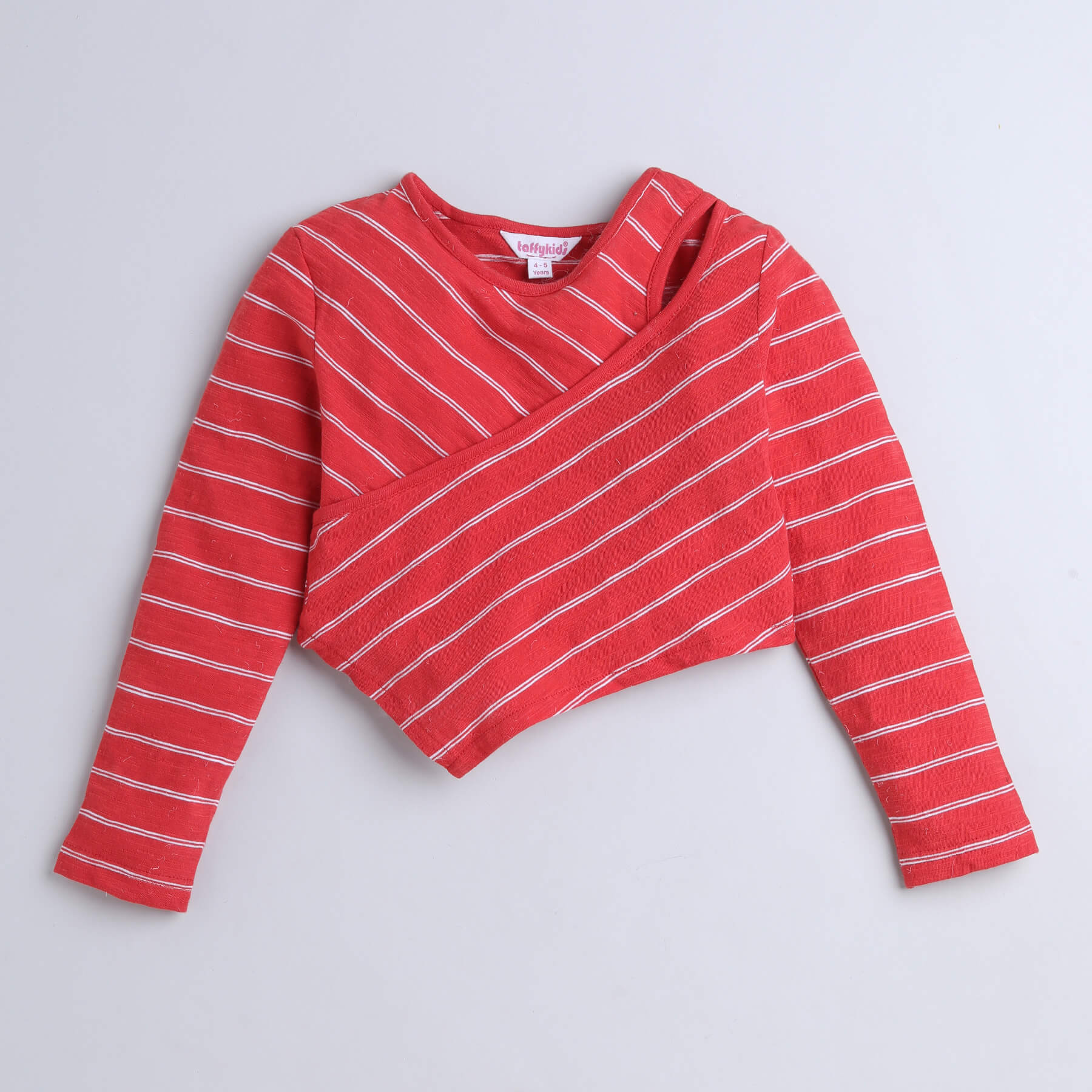 Shop 100% Cotton Striped Yarn Dyed Cut Out Detail Full Sleeves  Asymmetric Crop Top-Red Online