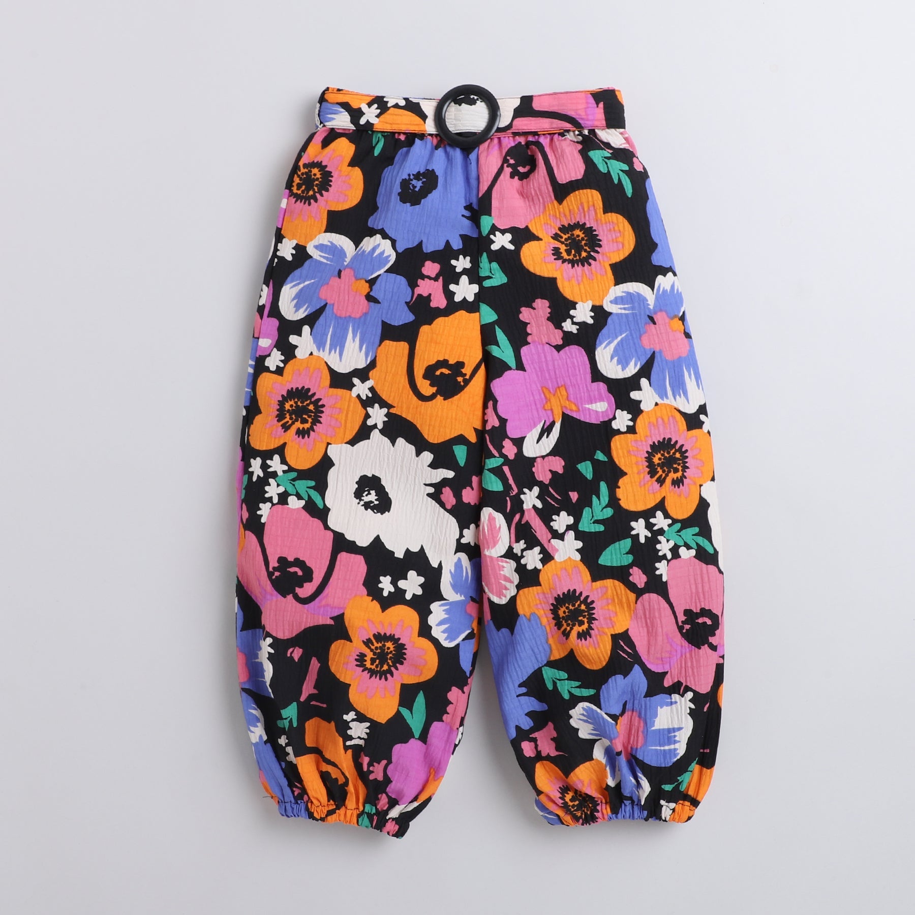 Halter neck crop top and floral printed cotton jogger pant set with belt detail-Black/Multi