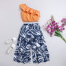 Shop One Shoulder Solid Frill Detail Crop Top And Tropical  Printed Tier Pant Set- Orange/Blue Online