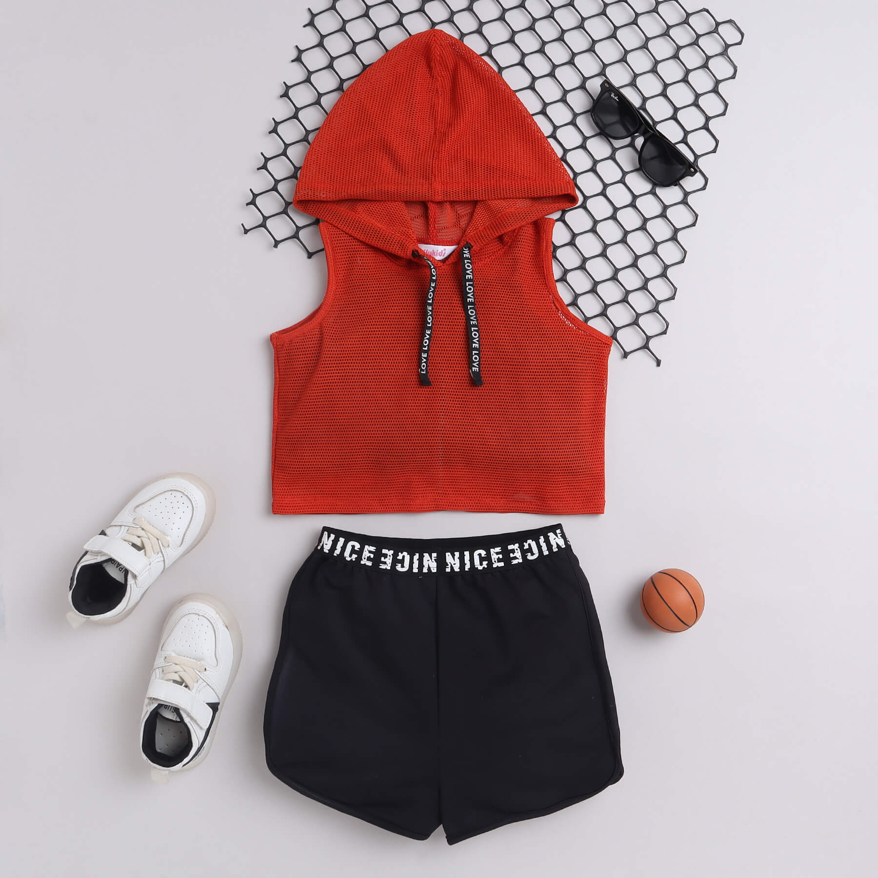 Shop Tape Detail Sleeveless Hooded Net Crop Top With Waistband Detail Shorts And Singlet Crop Top Set-Orange/Black Online