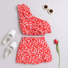 linen leaf printed one shoulder layered crop top and short skirt cord set-Red/white