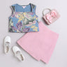 cotton floral printed square neck crop top with pink cotton denim skirt set - Blue/Pink