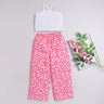 100% cotton halter neck smocked crop top with linen floral printed flare pant set - White/Pink