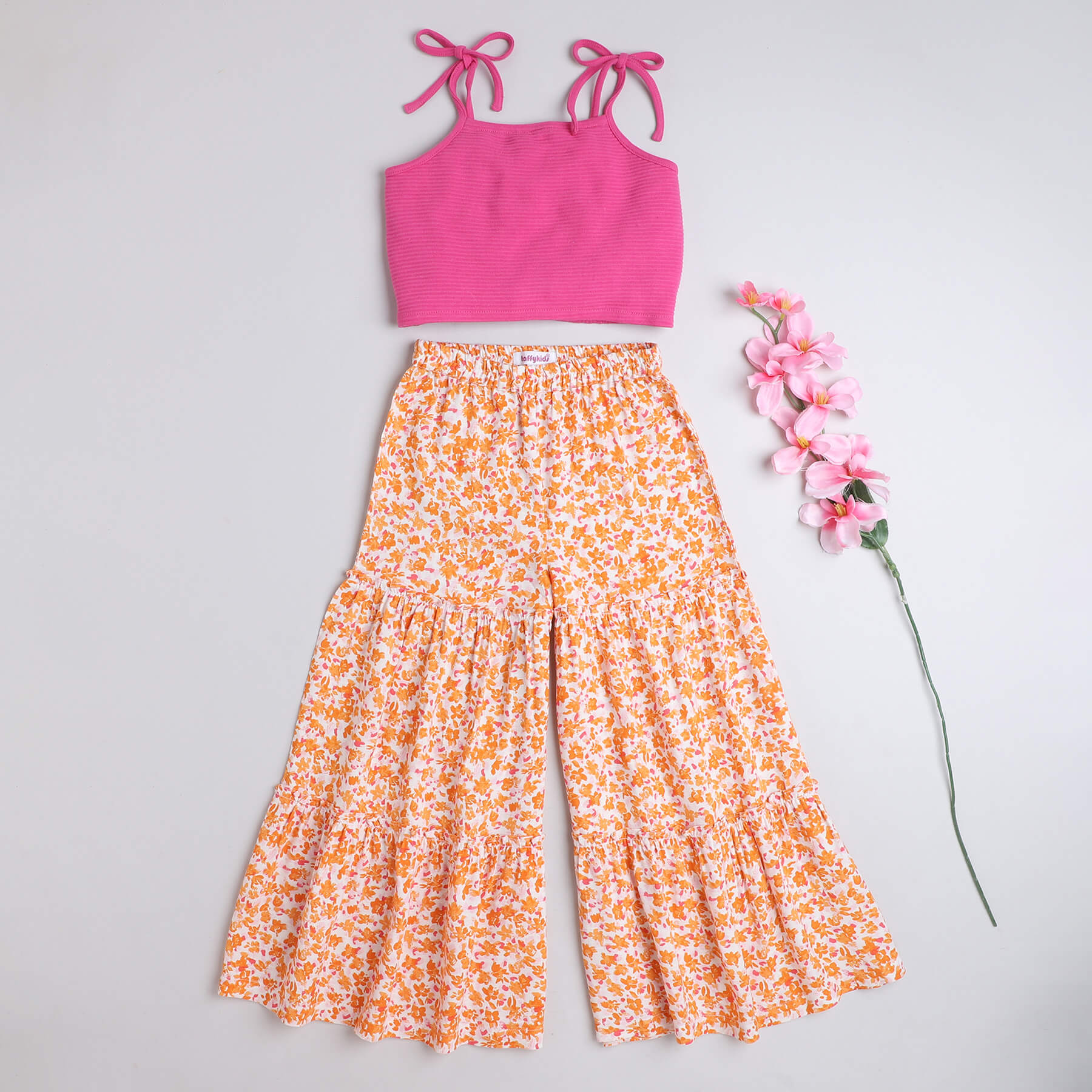 Shop Cotton Shoulder Tie Up Crop Top And Floral Printed Tier Pant Set-Pink/Orange Online