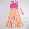 cotton Shoulder tie up crop top and floral Printed Tier pant set-Pink/Orange