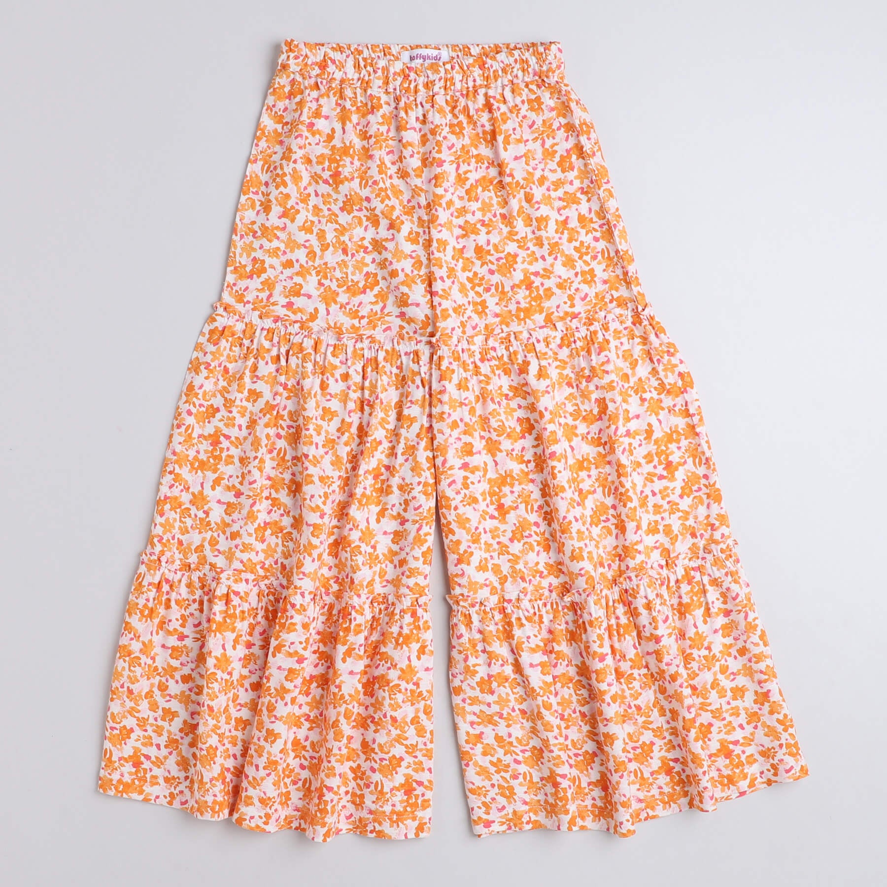 Shop Cotton Shoulder Tie Up Crop Top And Floral Printed Tier Pant Set-Pink/Orange Online