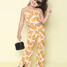 Floral printed singlet crop top and front slit detail bell bottom pant set-Mustard/White