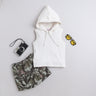 Sleeveless hoodie and printed cargo Shorts set-Off white/Green