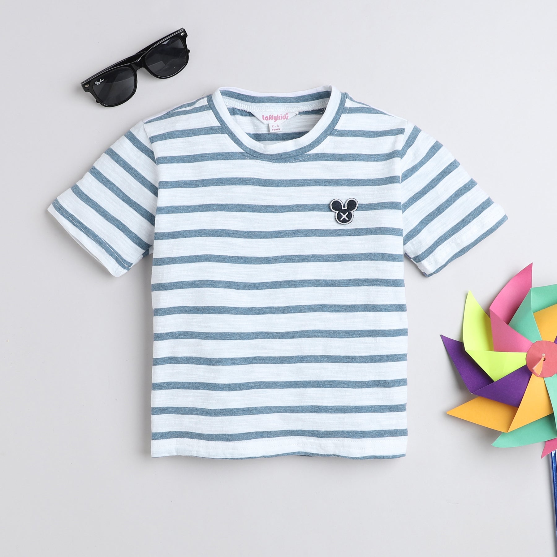 Shop 100% Cotton Striped Half Sleeves Tshirt With Badge Detail-White/Blue Online