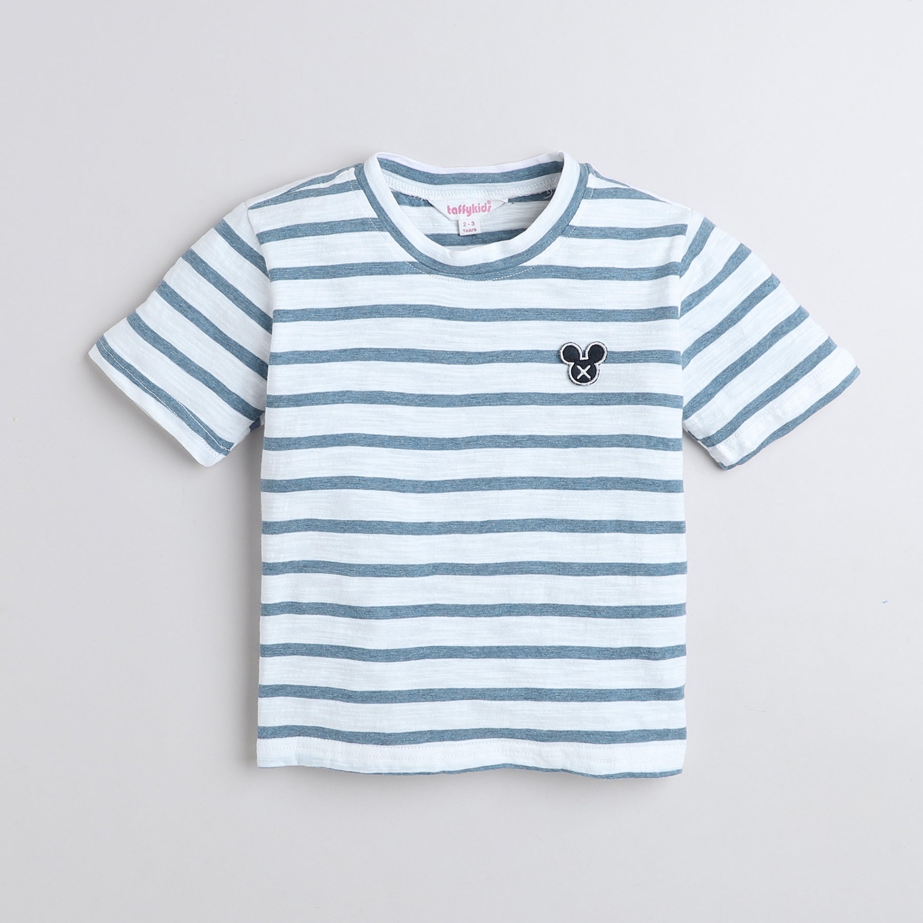 Shop 100% Cotton Striped Half Sleeves Tshirt With Badge Detail-White/Blue Online