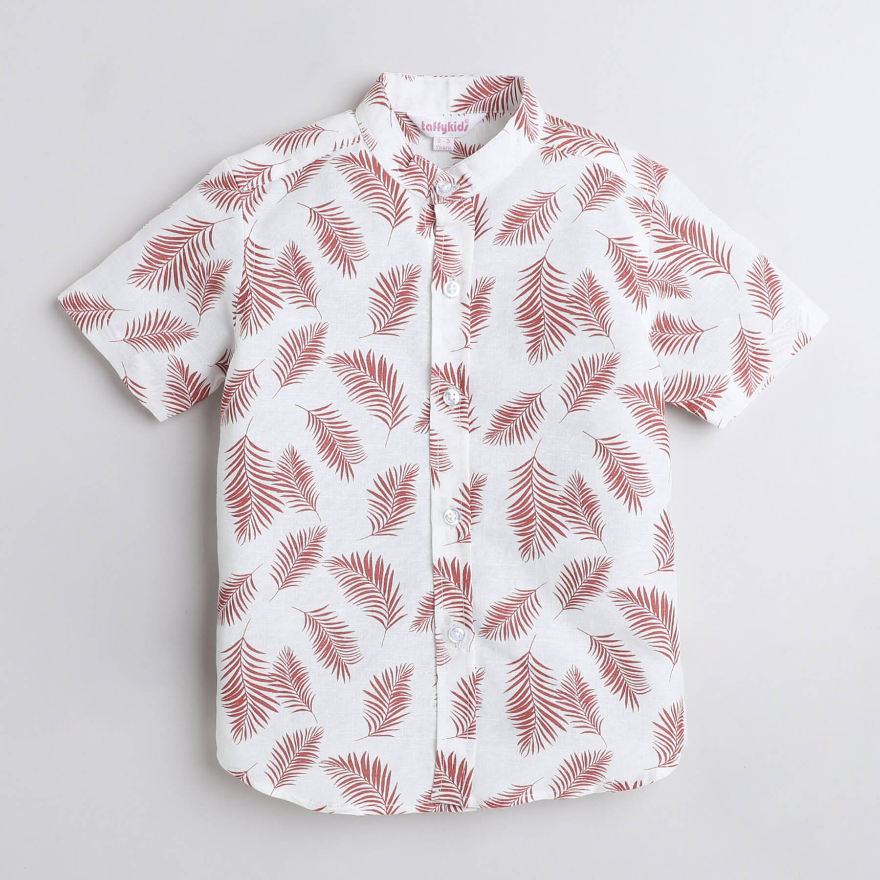 Taffykids cotton linen Leaf printed mandarin collar Half sleeves Shirt-Off white/Brown