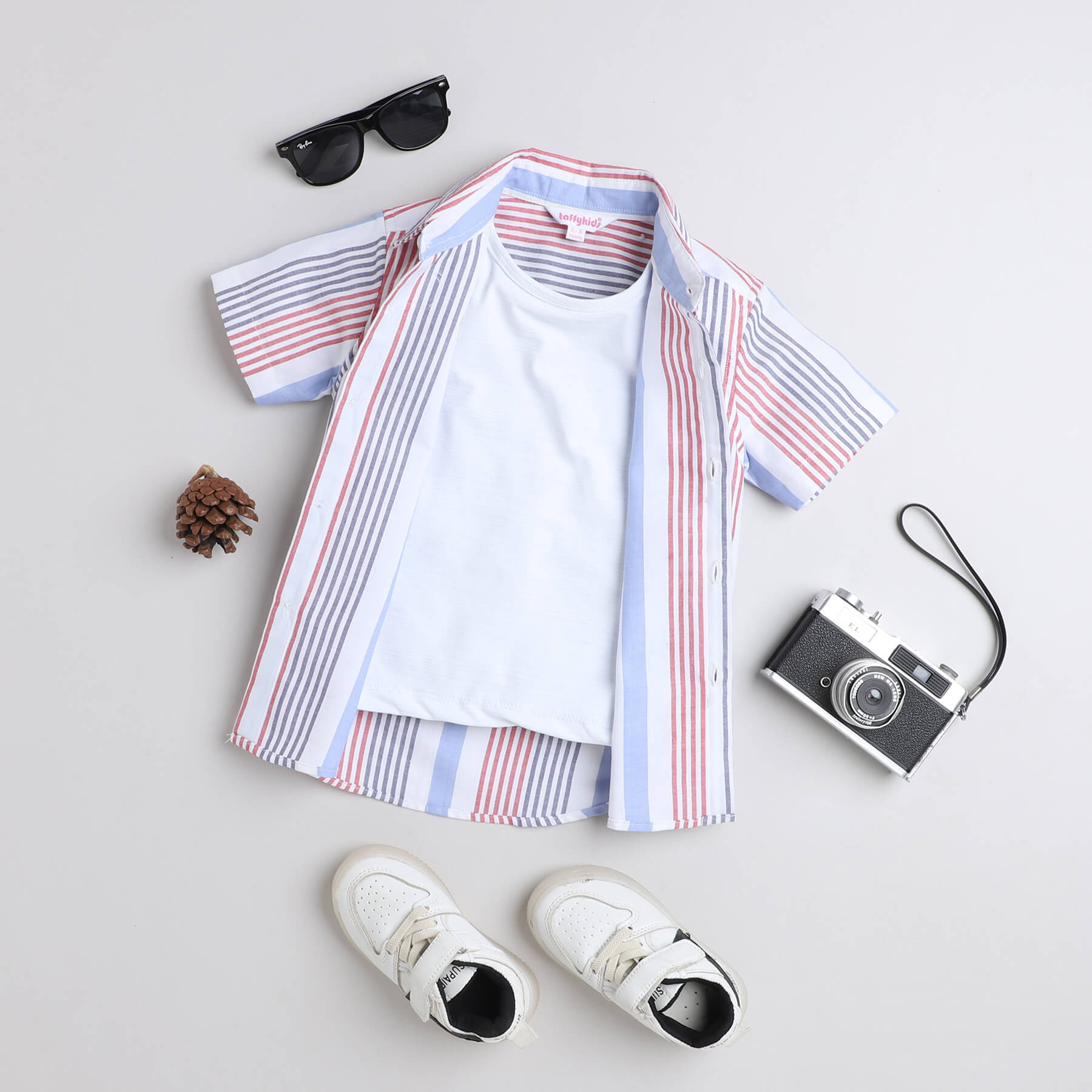 Taffykids cotton Stripes printed half sleeves shirt with attached tee-White/Multi