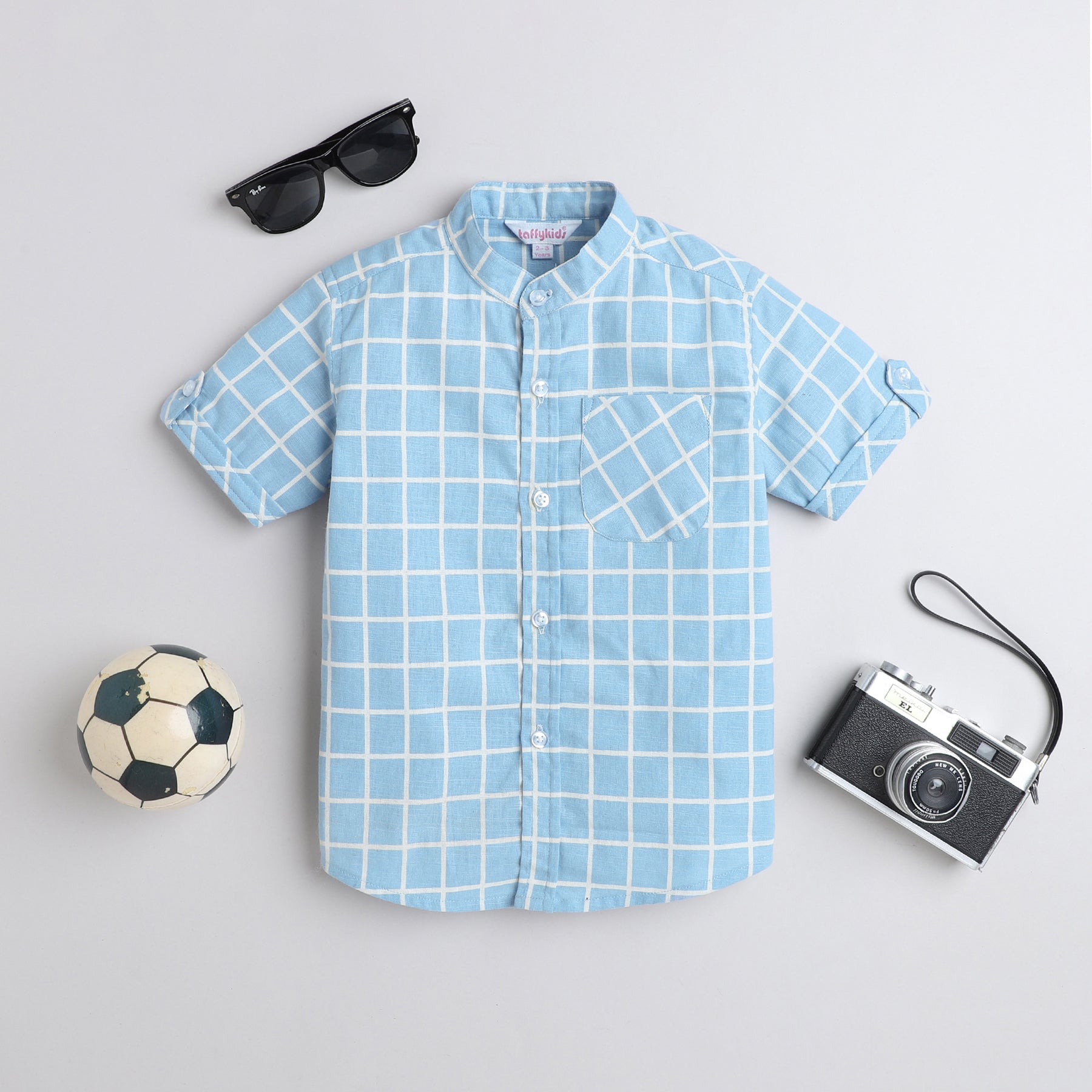 Taffykids cotton linen Checked yarndyed mandarin collar Half sleeves Shirt-Blue/White