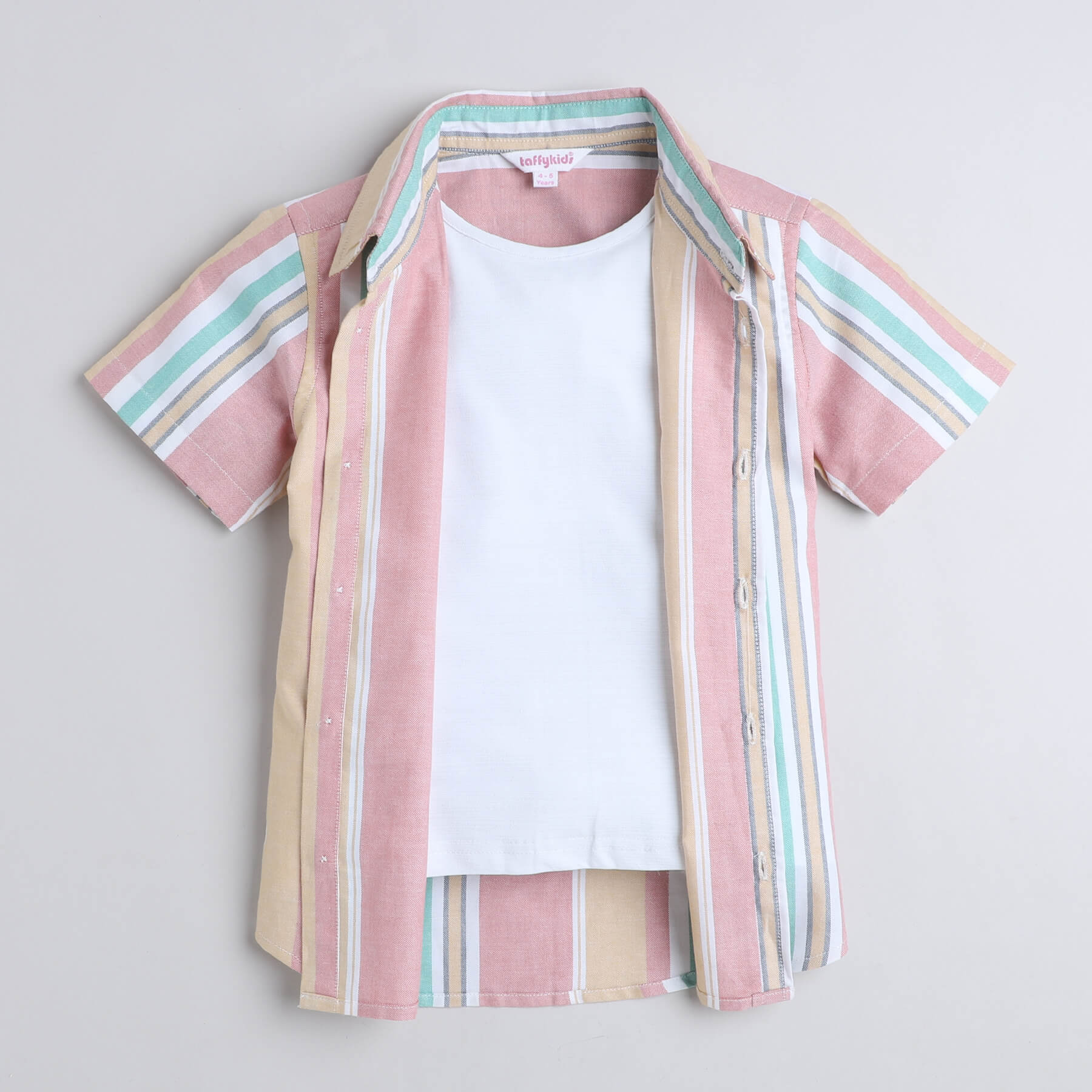 Taffykids 100% cotton Striped yarn dyed half sleeves shirt with attached tee-White/Multi