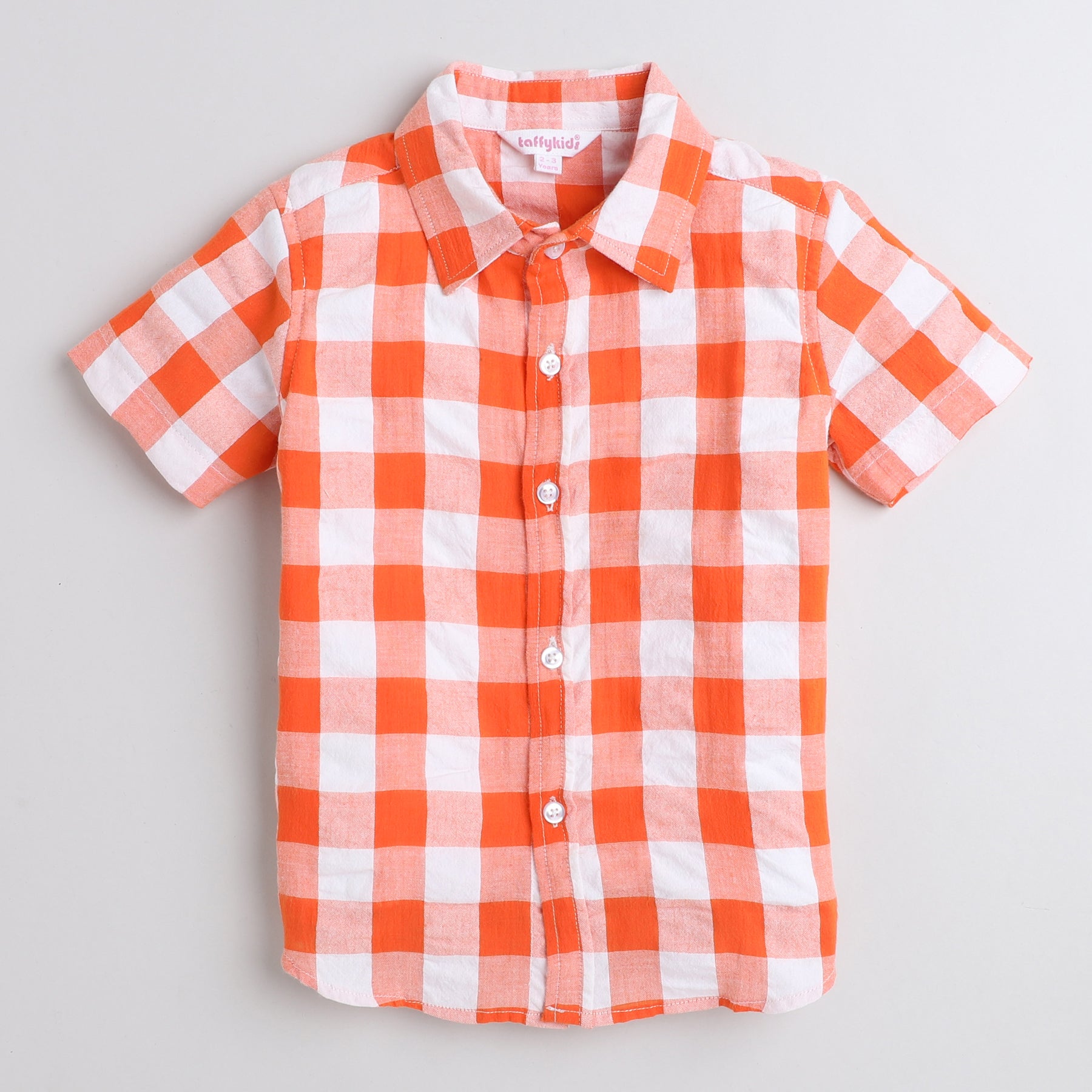 Taffykids 100% cotton searsucker checked half sleeves shirt with attached tee-White/Orange