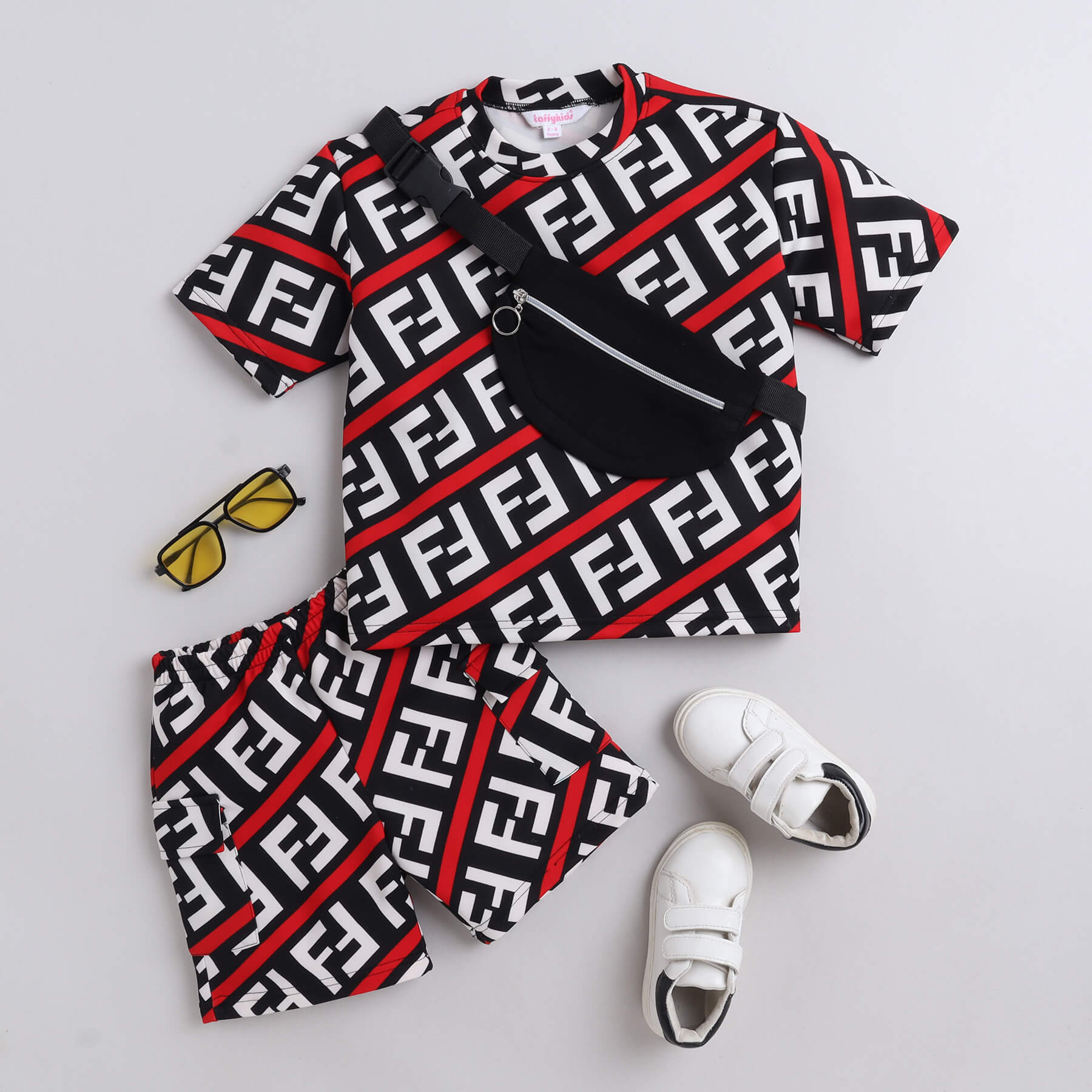 Taffykids geometrical printed oversized tee and cargo shorts co-ord set with waist bag-Red/Black