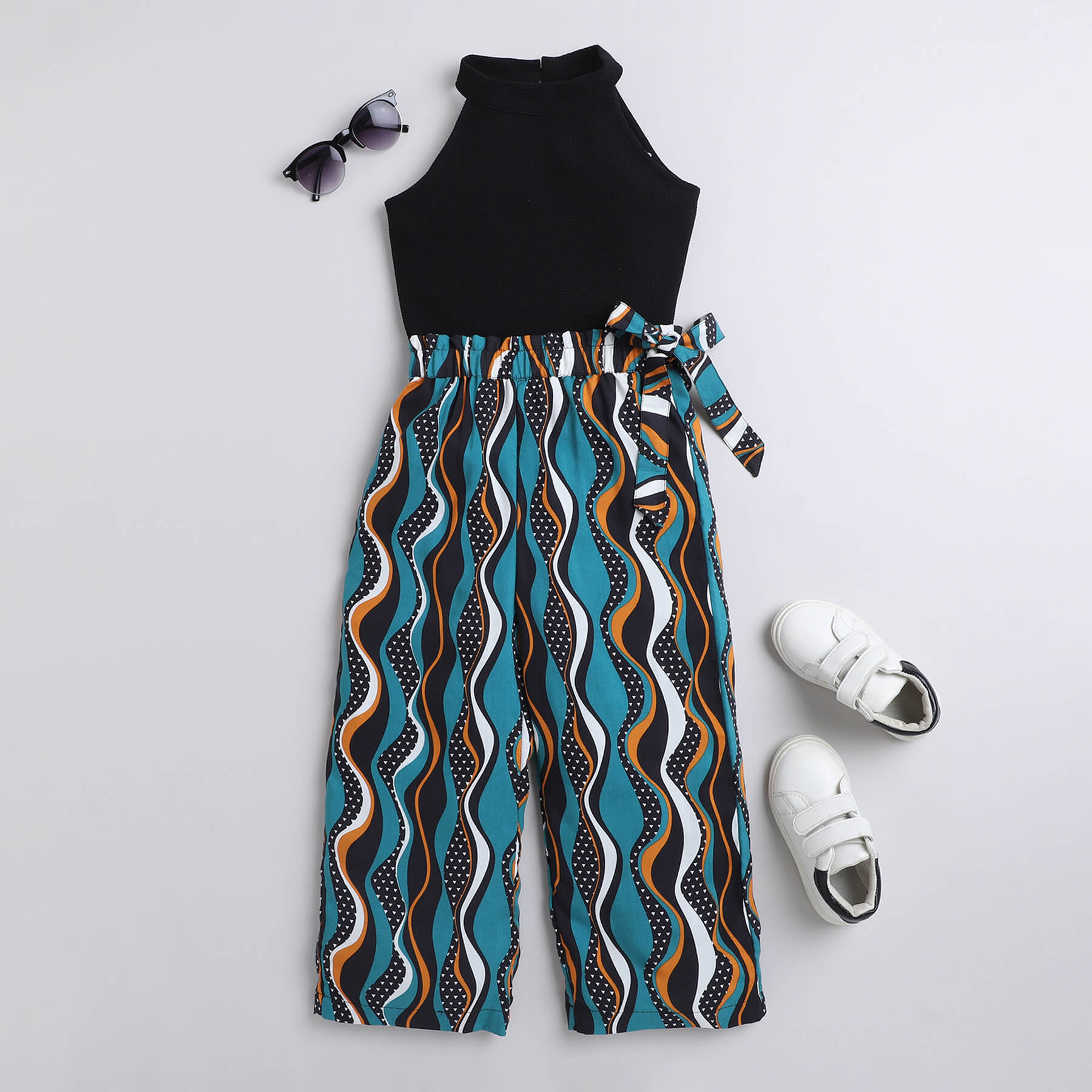 Shop Sleeveless Halter Neck Top And Rayon Wave Printed Tie Up Detail Pant Set-Black/Multi Online