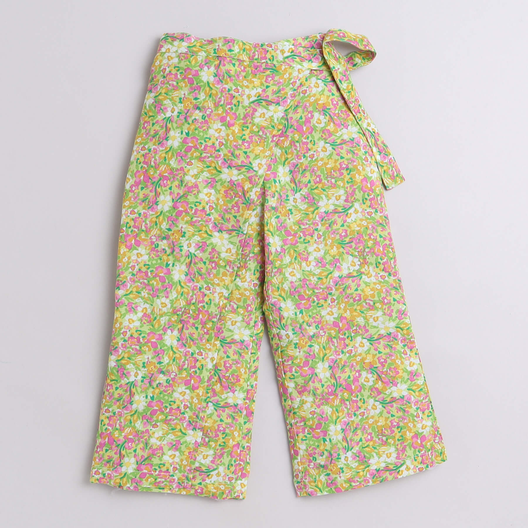 Shop Cotton One Shoulder Crop Top With Cotton Linen Floral Wrap Pant Set - Pink/Yellow Online