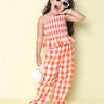 cotton smocked paplum top with matching pant set - orange/white