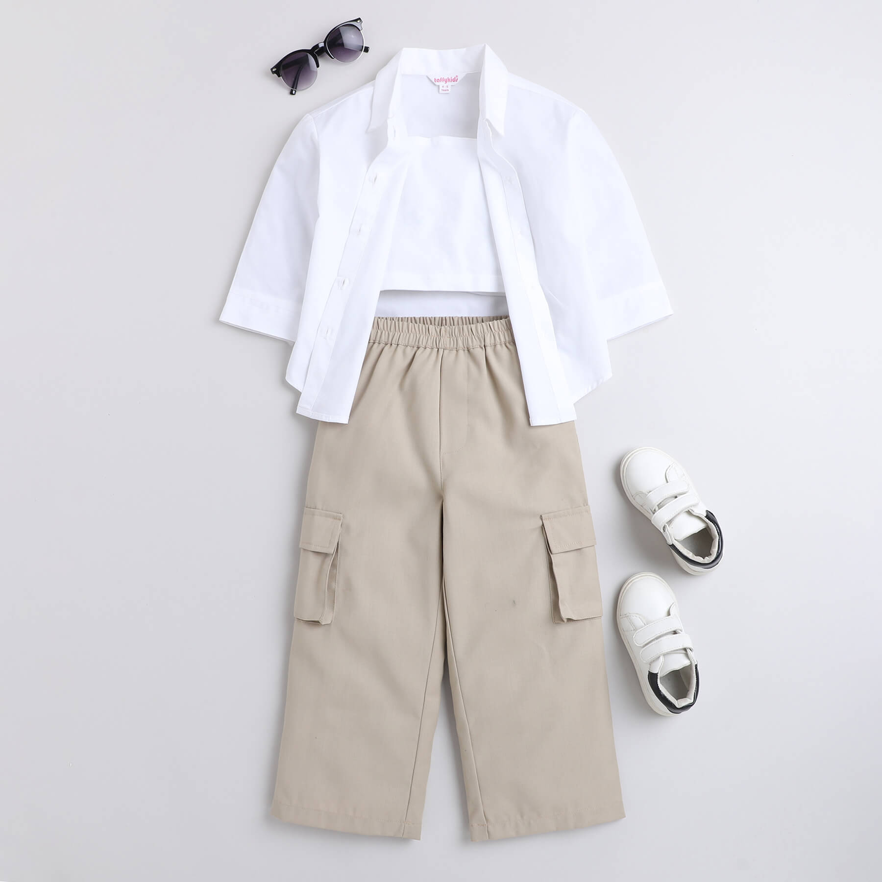 100% cotton poplin oversized shirt and cargo pant set with solid crop top-White/Beige