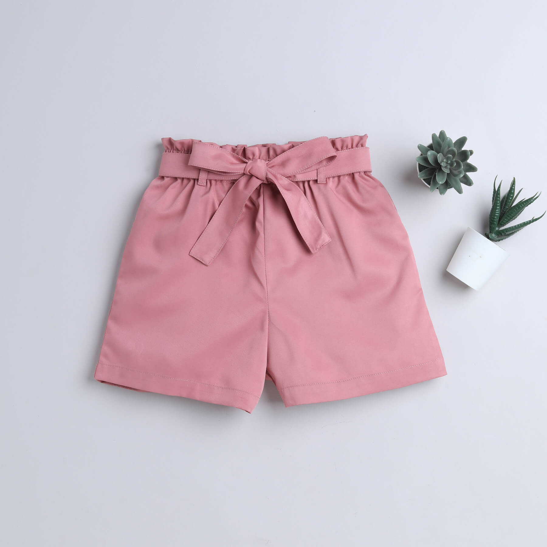 Taffykids paper bag waist detail shorts with tie up belt-Pink