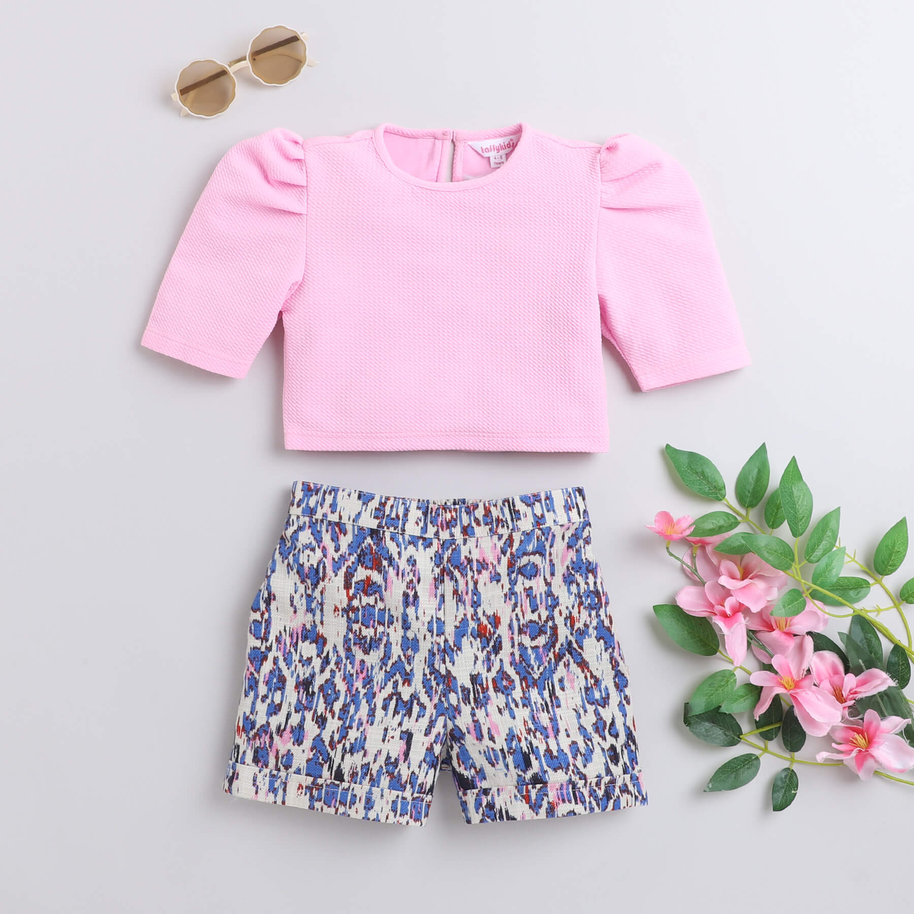 Shop Cotton Knitted Puff Sleeve Crop Top With Ikat Printed Rolled Up Shorts - Pink/Multi Online