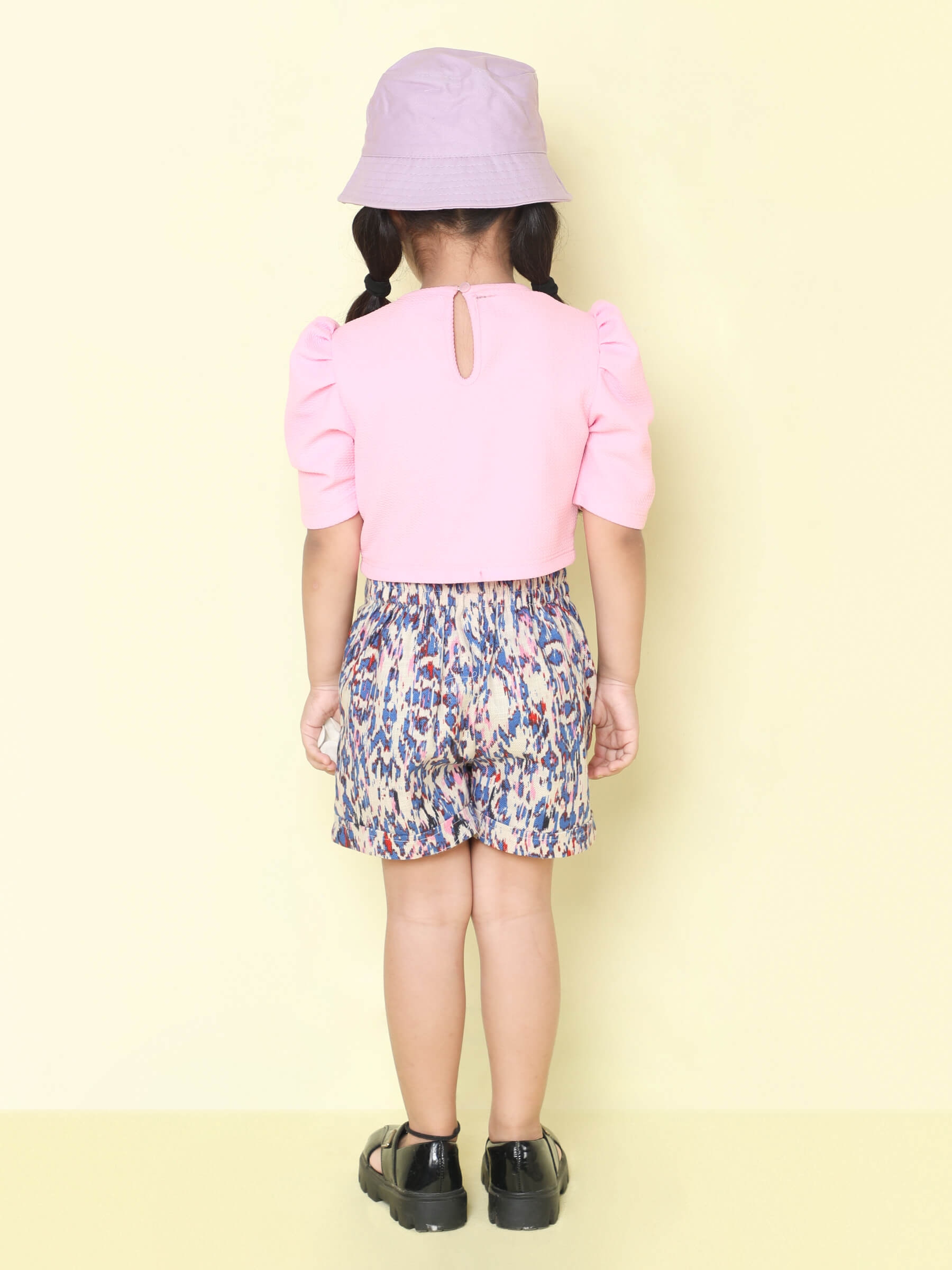 Shop Cotton Knitted Puff Sleeve Crop Top With Ikat Printed Rolled Up Shorts - Pink/Multi Online