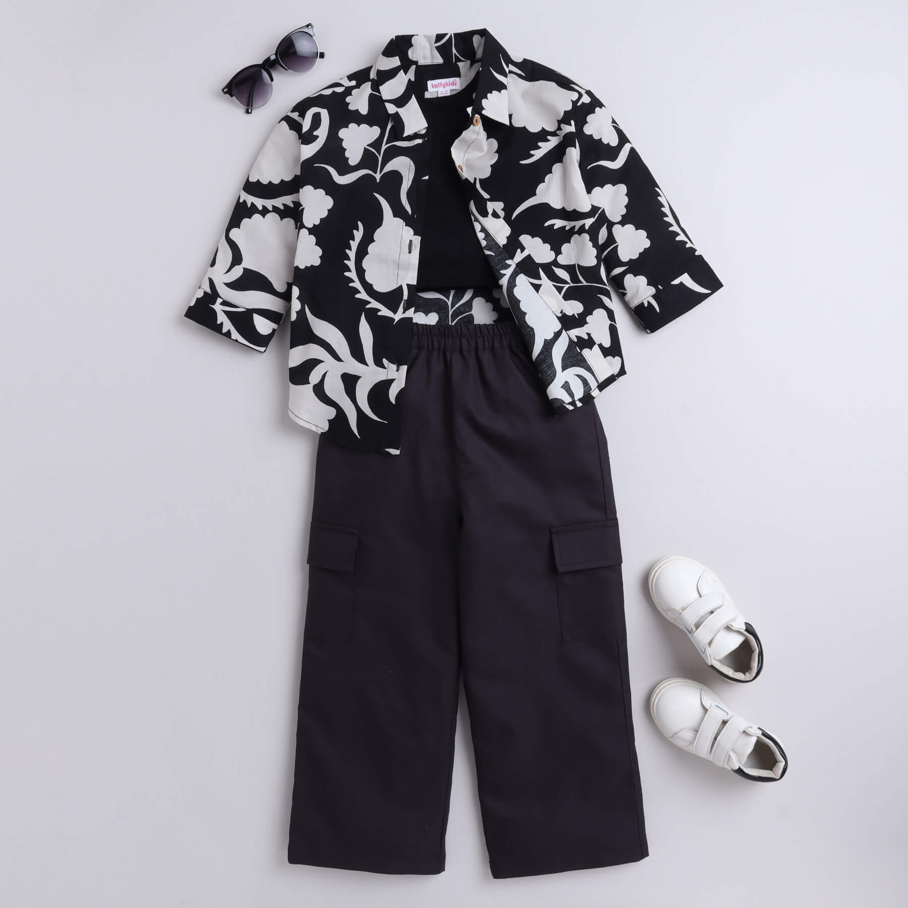 Shop 100% Cotton Oversized Floral Printed Shirt And Cargo Pant Set With Solid Crop Top-Black/White Online