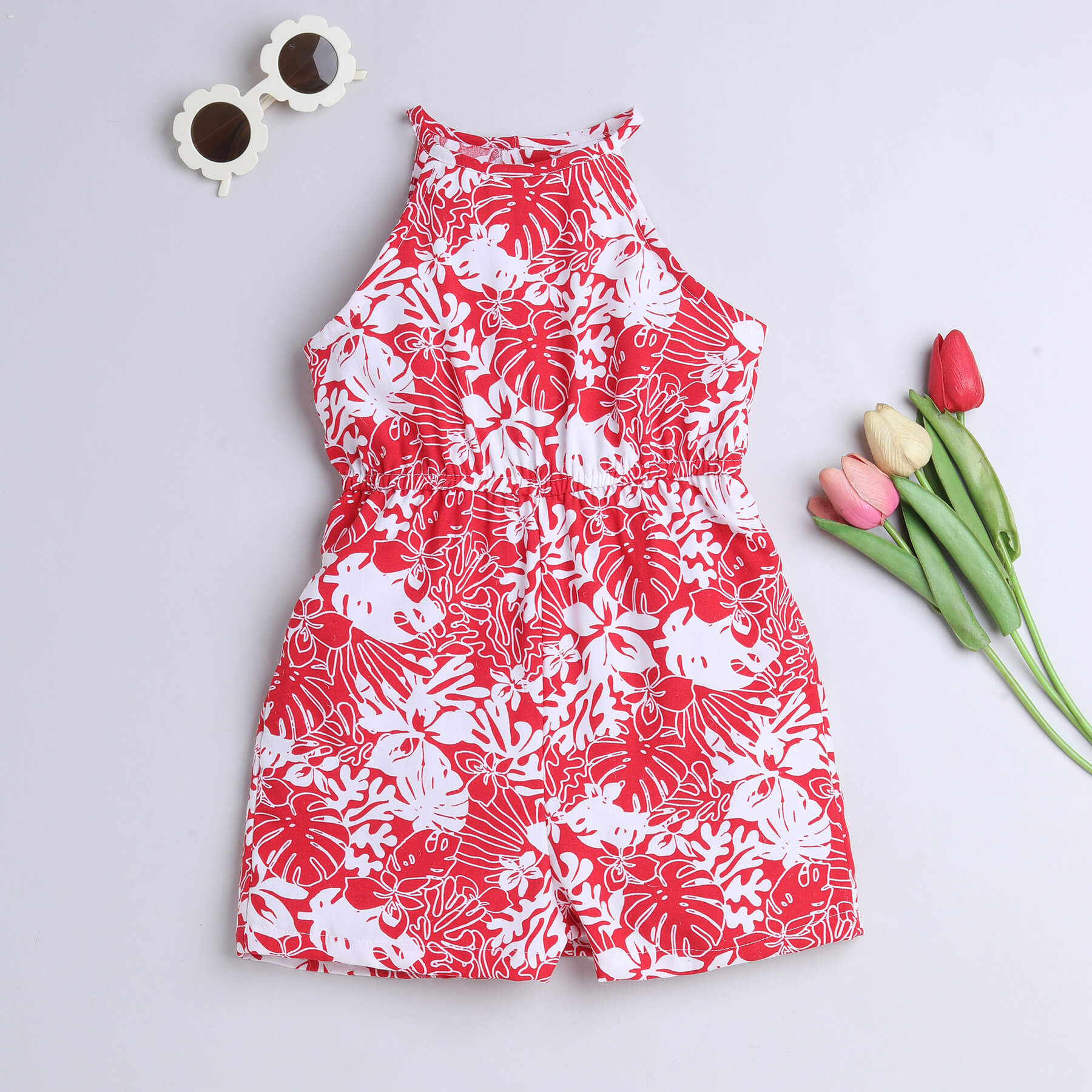 Shop 100% Viscose Floral Printed Sleeveless Halter Neck Playsuit-Red/White Online