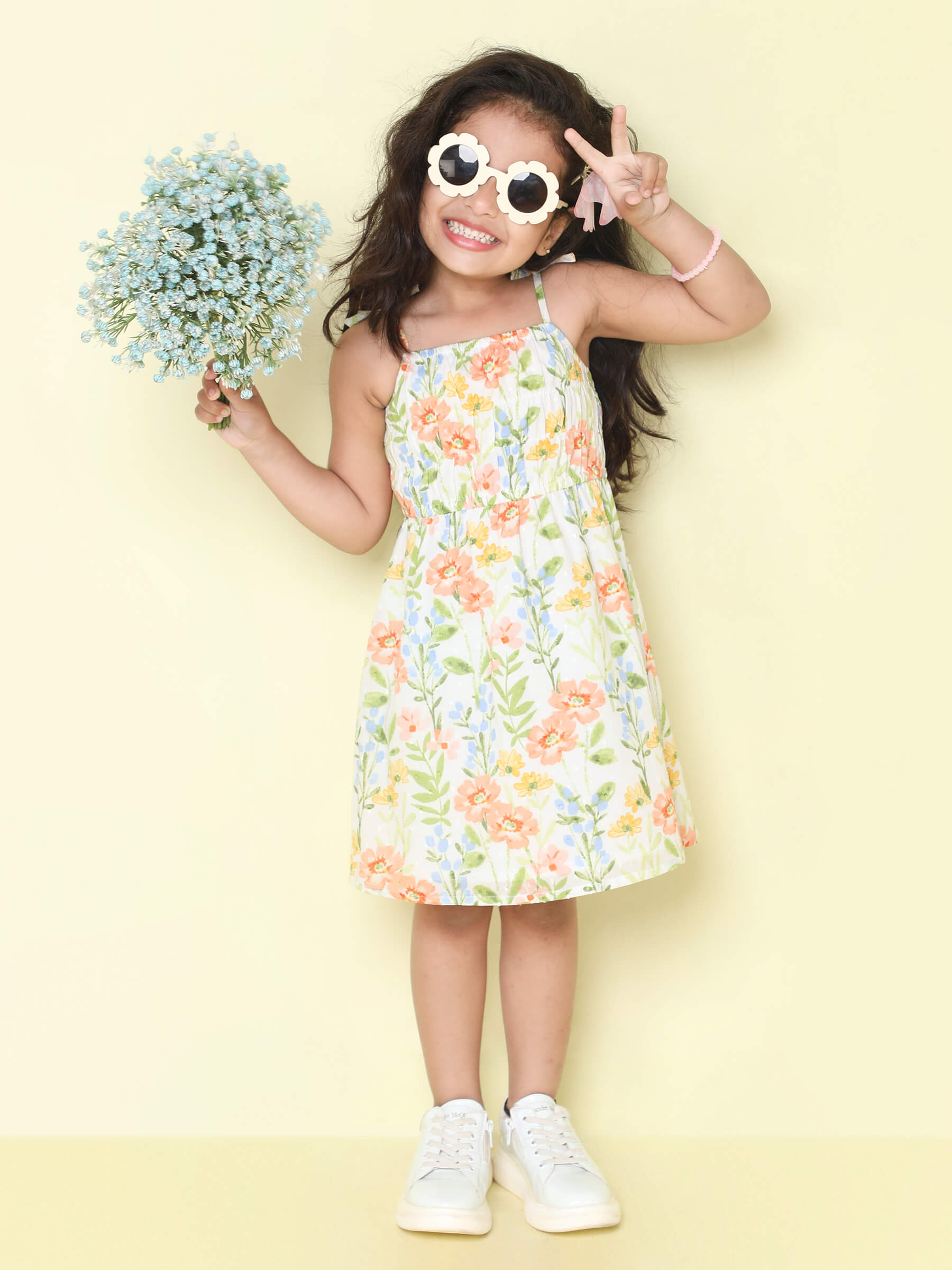 100% cotton floral printed smocked detail dress - white/multi