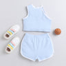 100% cotton sleeveless Asymetric neck pipping detail crop top and shorts  co-ord set-Blue/White