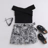 solid off shoulder crop top and Floral printed satin skorts set-Black