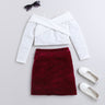 Full sleeves off shoulder party crop top and velvet short skirt set-White/Pink