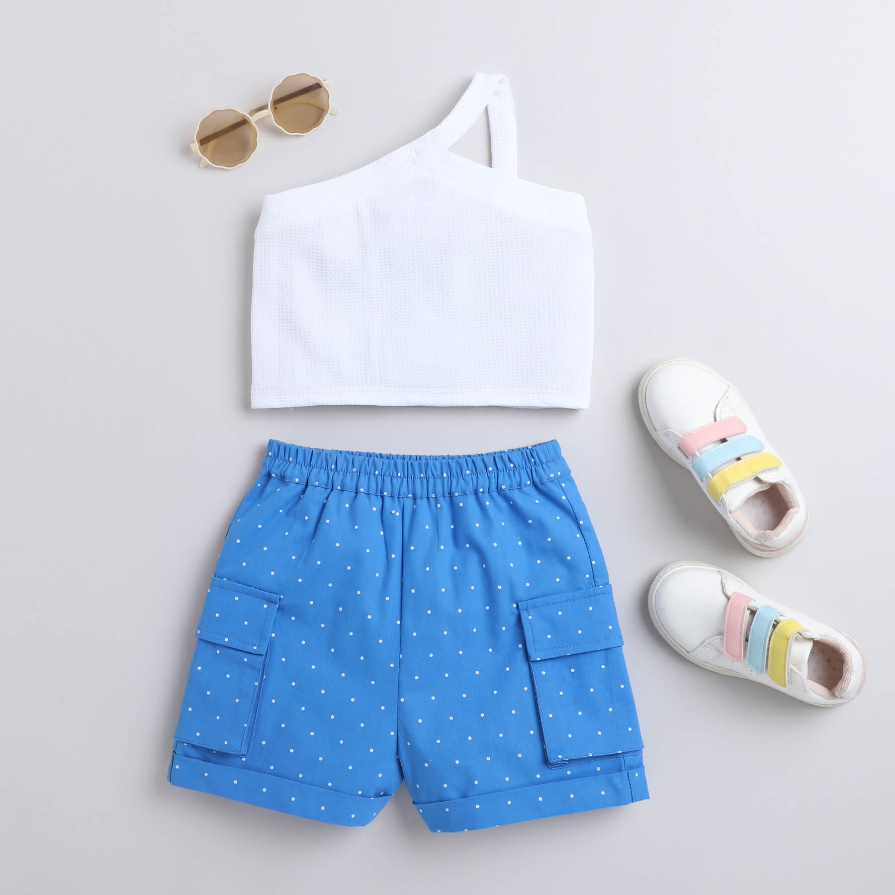 Shop Sleeveless Asymmetric Neck Textured Crop Top And 100% Cotton Polka Dots Printed Cargo Shorts Set-White/Blue Online