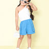 sleeveless Asymmetric neck textured crop top and 100% cotton polka dots printed cargo shorts set-White/Blue