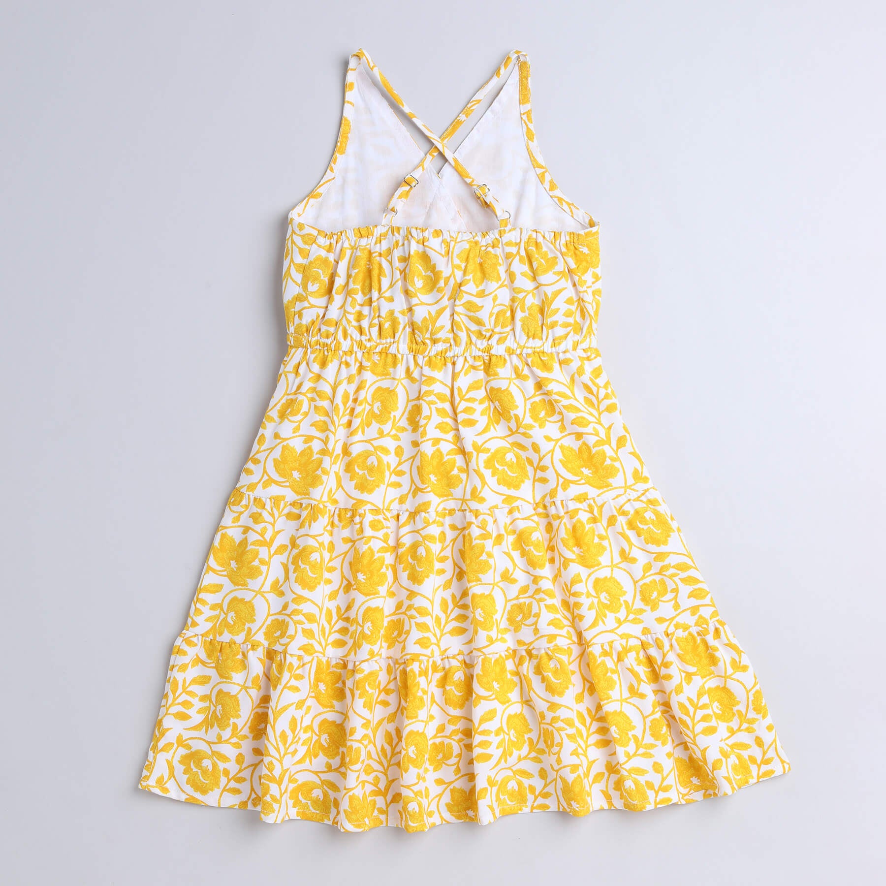 Shop 100% Viscose Floral Printed V Neck Tiered Dress-Yellow/White Online