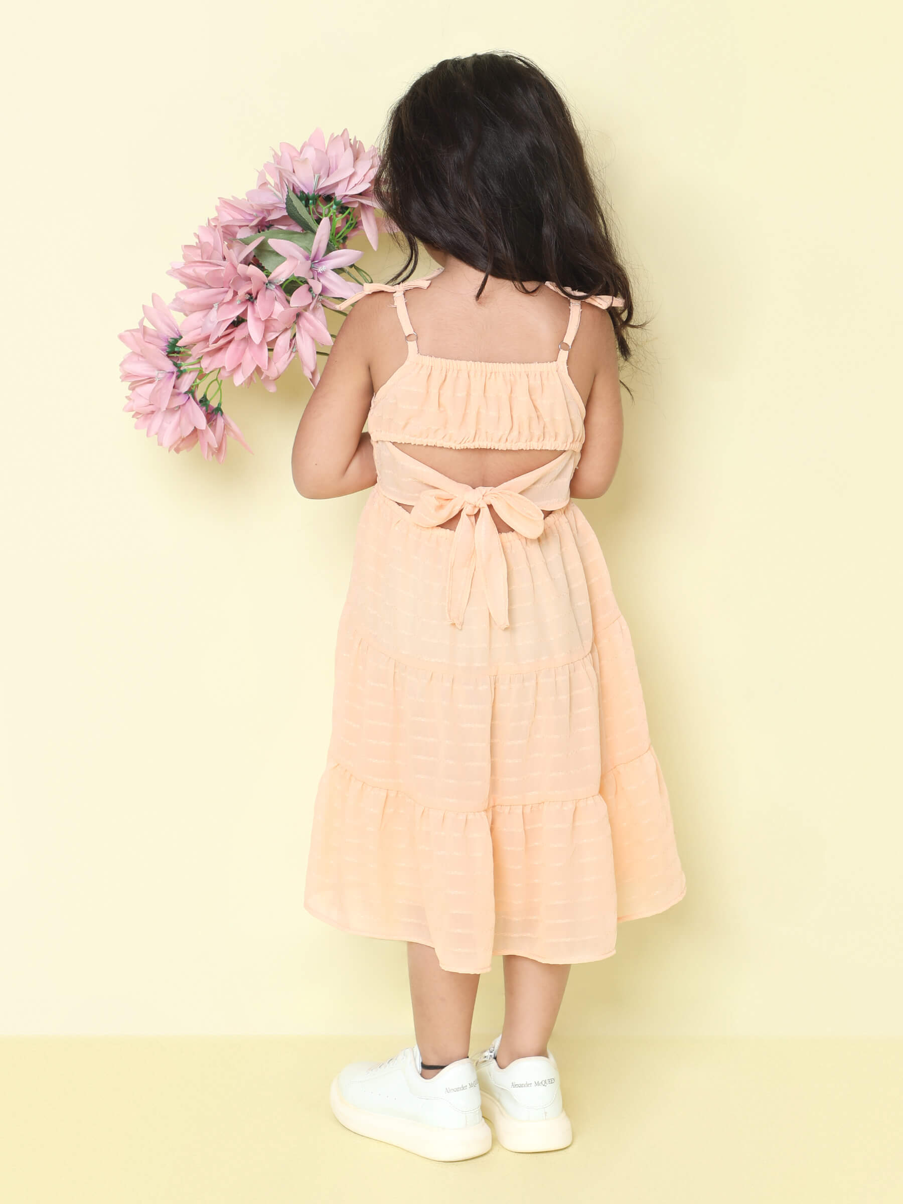 Shop Dobby Stripped Back Tie-Up A-Line Tiered Dress- Peach Online