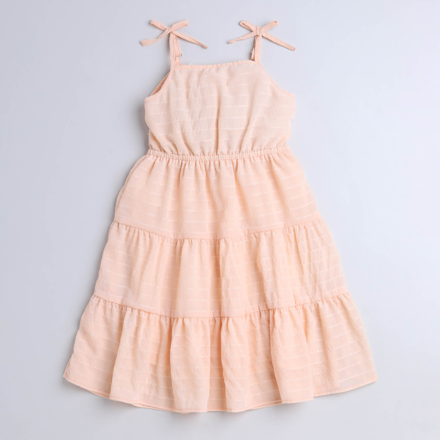 Shop Dobby Stripped Back Tie-Up A-Line Tiered Dress- Peach Online