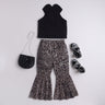 Shop Cross Neck Halter Crop Top And Animal Print Bellbottom Pant Set- Black/Brown Online