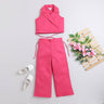 sleeveless crop blazer with waist tie-up and matching straight fit pant co-ord set-  Pink