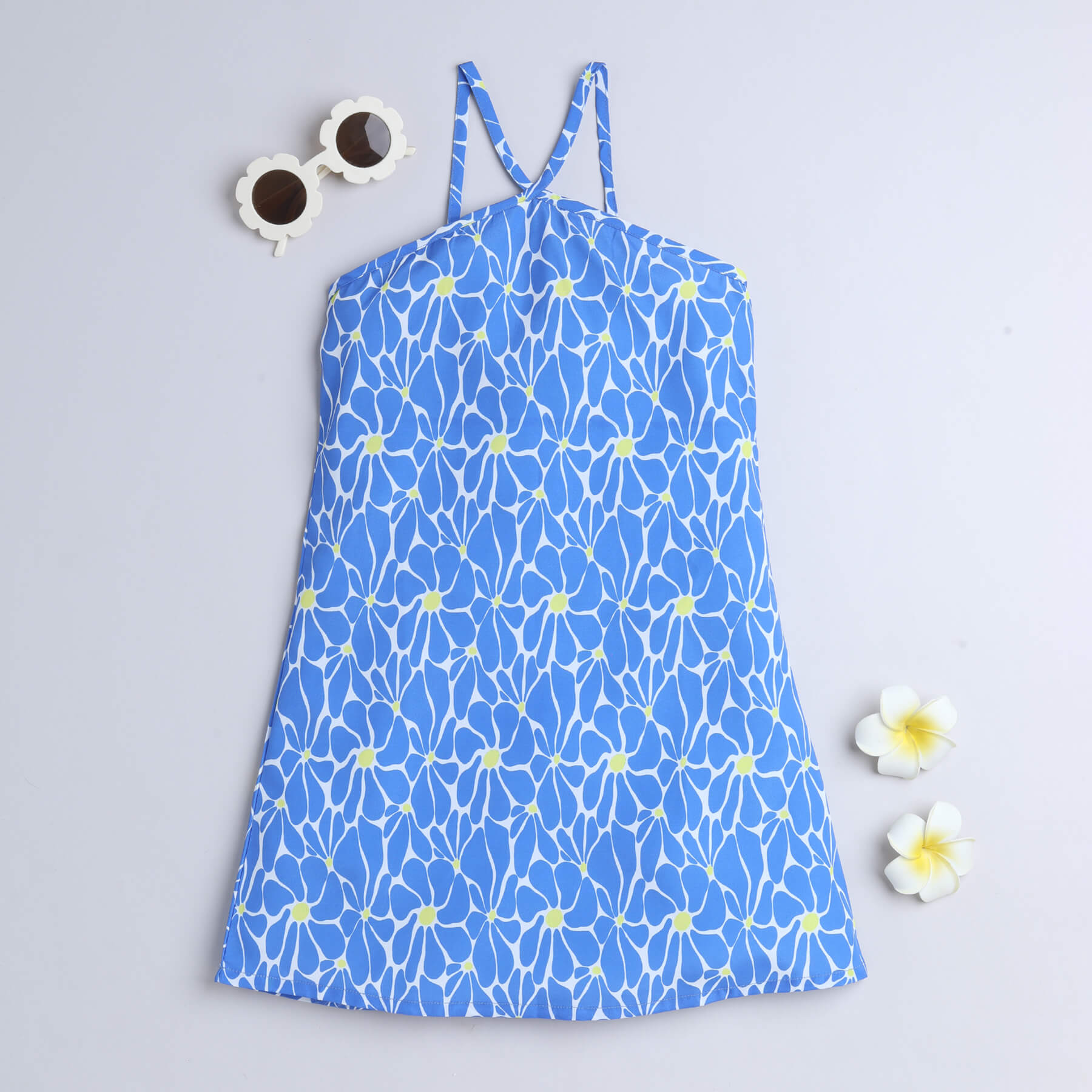 sleeveless cross neck A-line printed dress- Blue