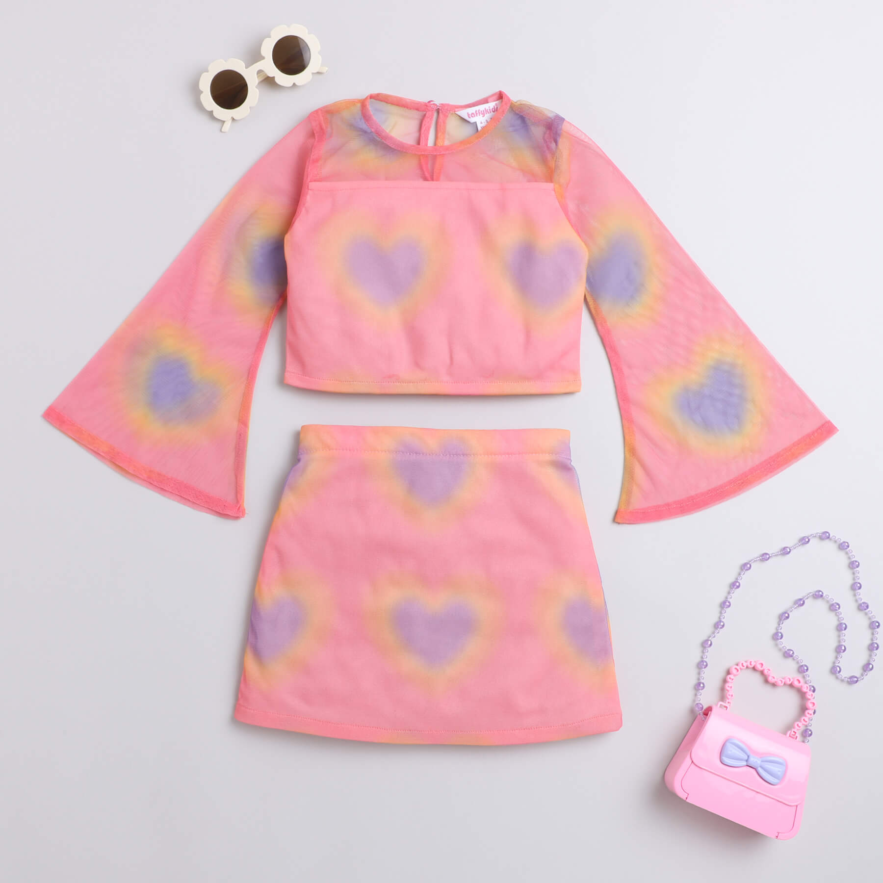 net  heart printed full sleeves crop top and matching skirt set- Pink