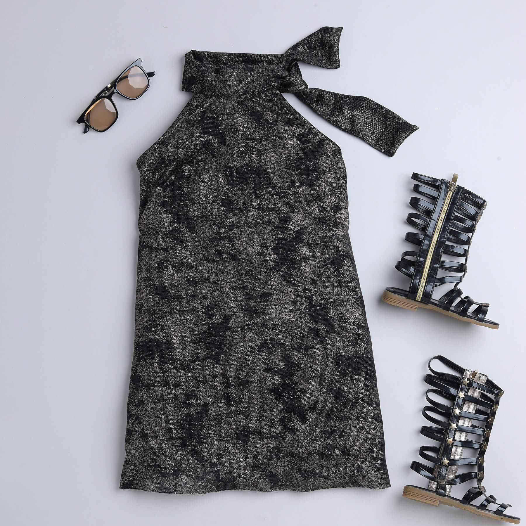 Shop Halter Neck Scarf A-Line Glitter Party Dress- Black/Brown Online