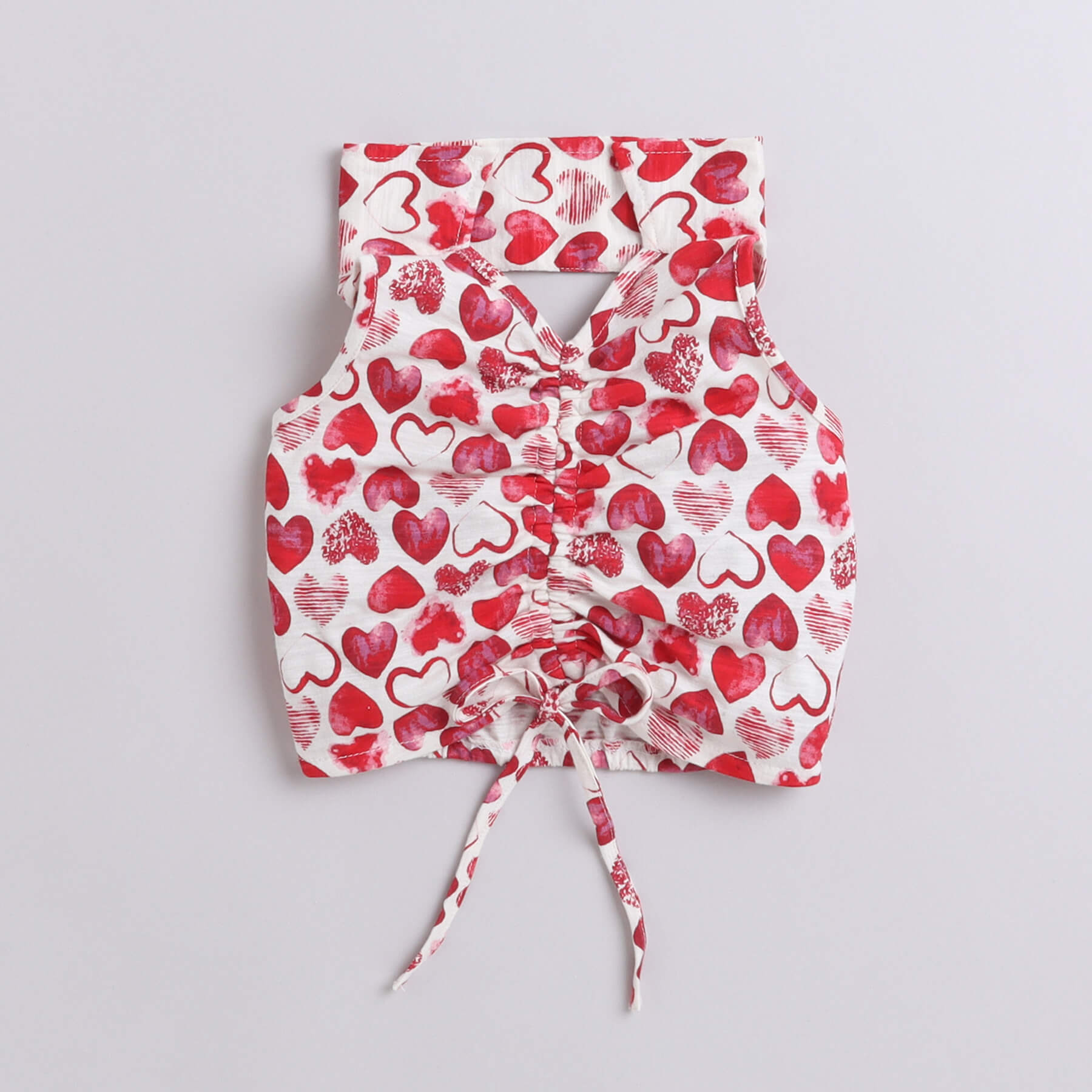 Shop 100% Cotton Hearts Printed Sleeveless Front Ruched Collar Neck Crop Top-Red/Off-White Online
